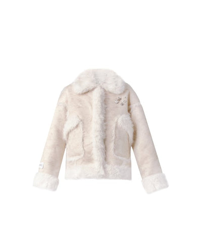 Rich fur suede jacket with charms & lace pleated mini skirt FRA0080