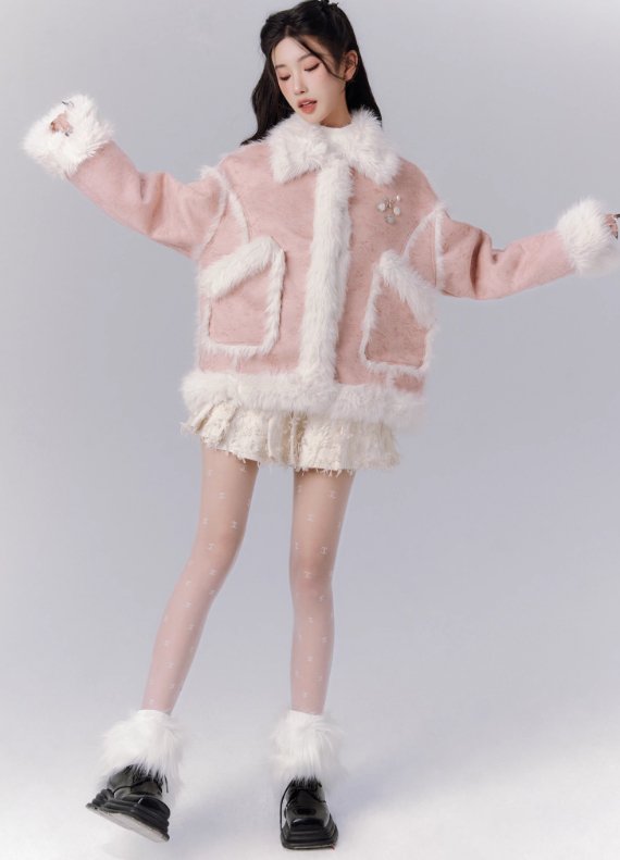 Rich fur suede jacket with charms & lace pleated mini skirt FRA0080