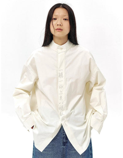Double Placket Calligraphy Embroidery Stand Collar Shirt LOU0022