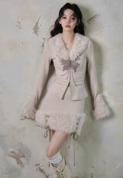 Butterfly Print Fur Collar Zip Knit Top & Hem Fur Mini Skirt SAL0003