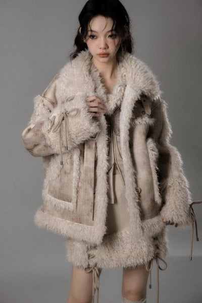 Big pocket belt design jacket with fur collar and sleeves & hem fur mini skirt SAL0005