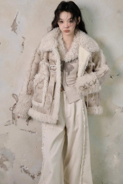 Big pocket belt design jacket with fur collar and sleeves & hem fur mini skirt SAL0005