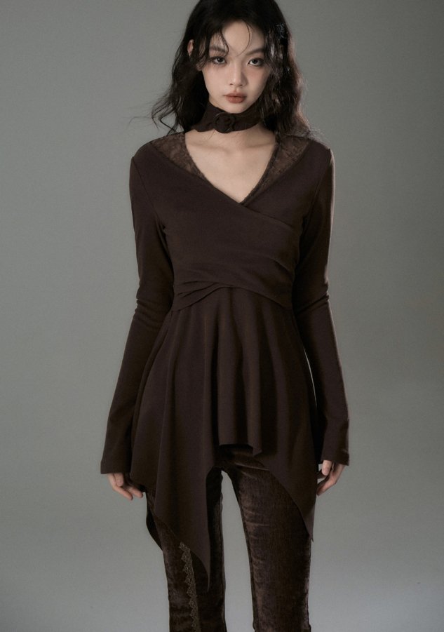 V-neck slim tunic knit dress with random frill hem SAL0006