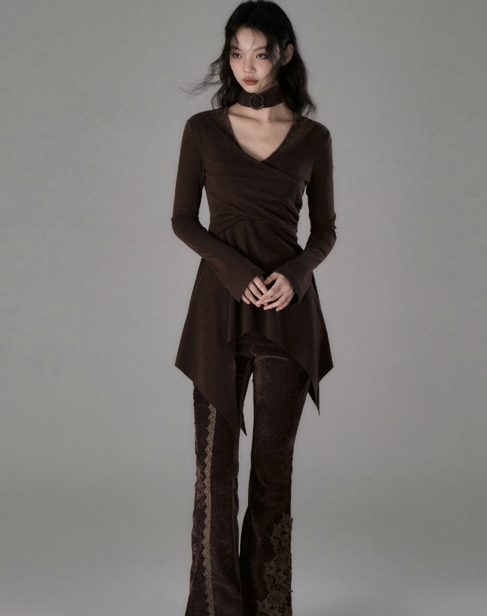 V-neck slim tunic knit dress with random frill hem SAL0006