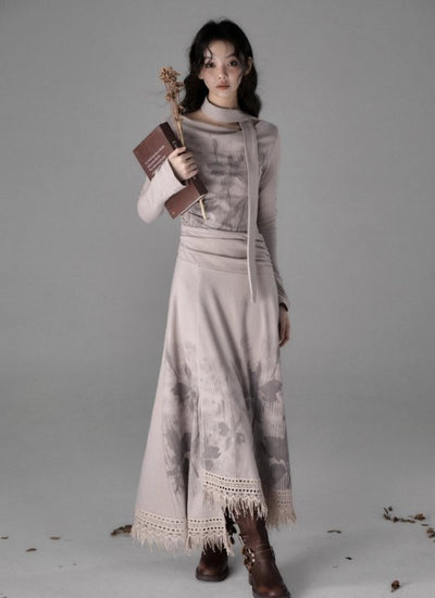 Lace Hem Retro Flower Print Slim Fit Long Dress SAL0013