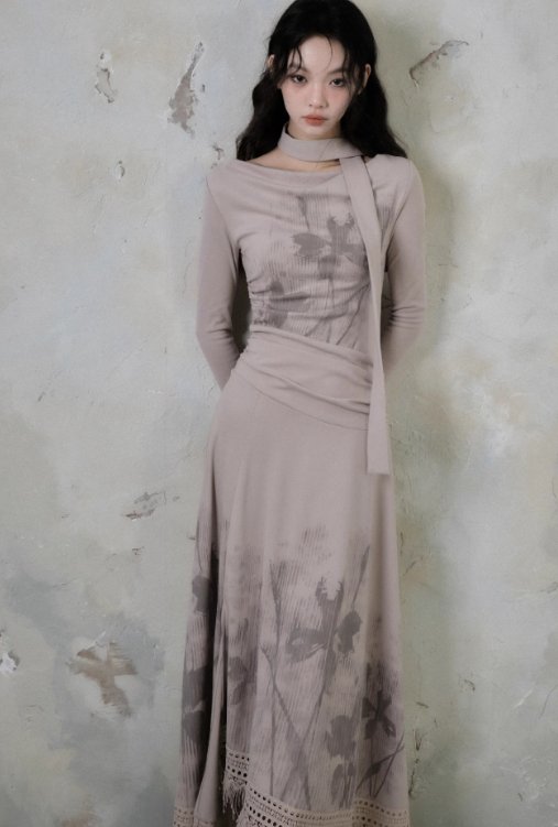 Lace Hem Retro Flower Print Slim Fit Long Dress SAL0013