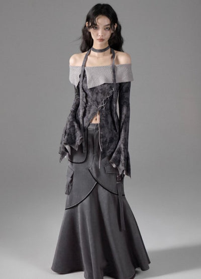 Belt pocket design mermaid silhouette suede skirt SAL0015