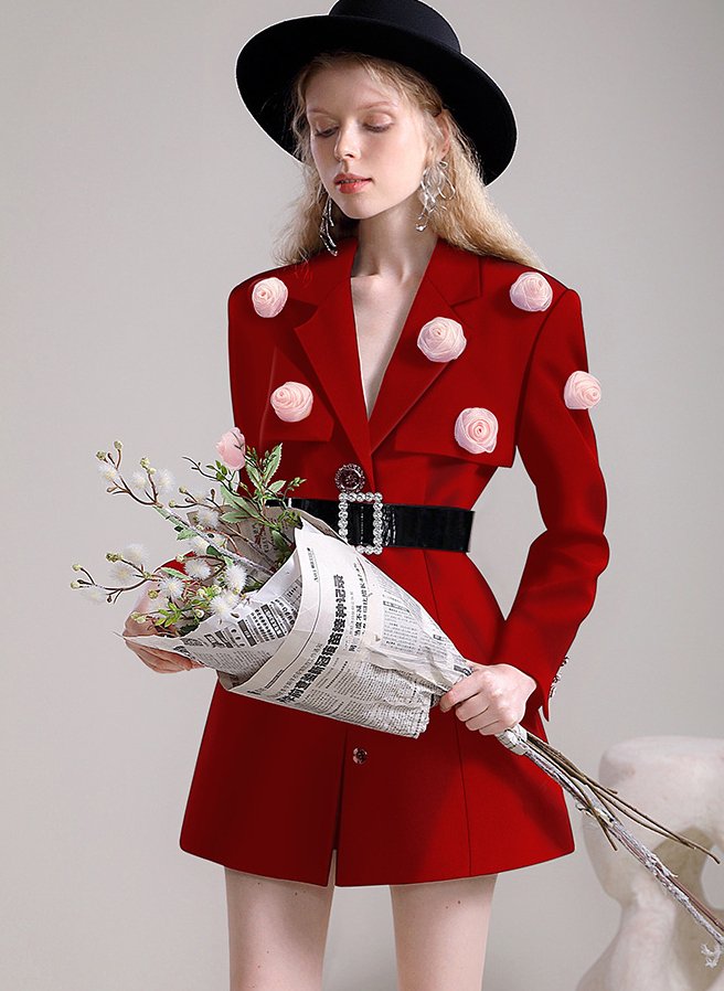 3D Rose Motif Waist Belt Suit Dress CHE0011