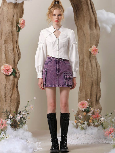 Purple Short Length Denim Jacket & Pocket Work Mini Skirt CHE0020