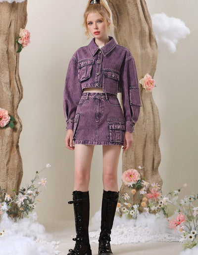 Purple Short Length Denim Jacket & Pocket Work Mini Skirt CHE0020