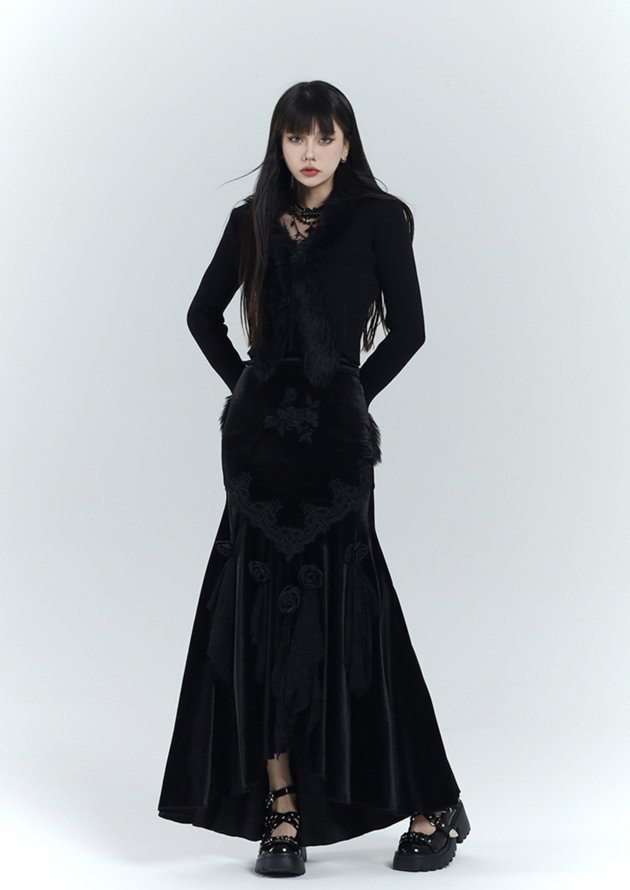 Rose Motif Velvet Elegance Long Dress LAD0002
