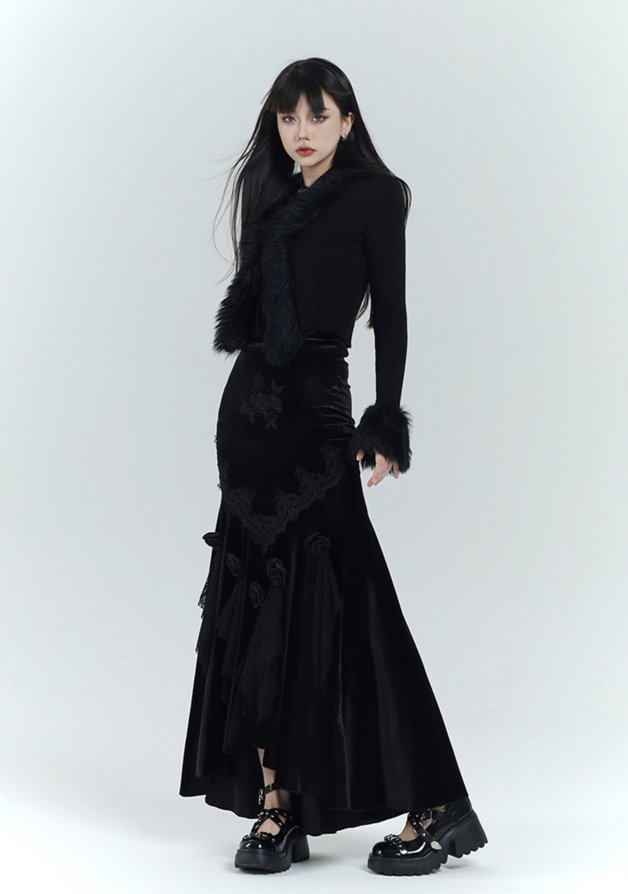 Rose Motif Velvet Elegance Long Dress LAD0002