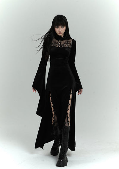 Elegant Lace Design Flare Sleeve Long Slit Dress LAD0018
