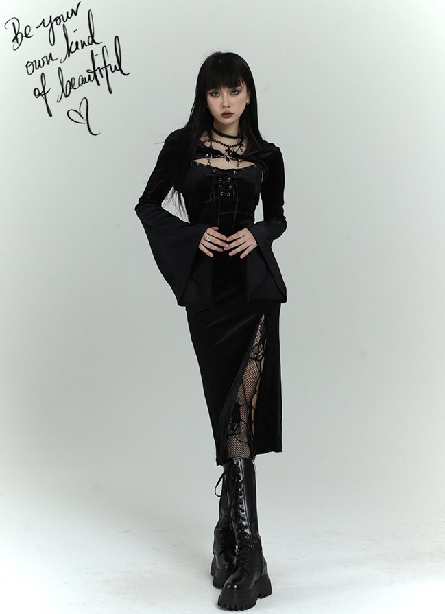 Side Lace Knee-Length Slit Camisole Dress & Shawl LAD0019