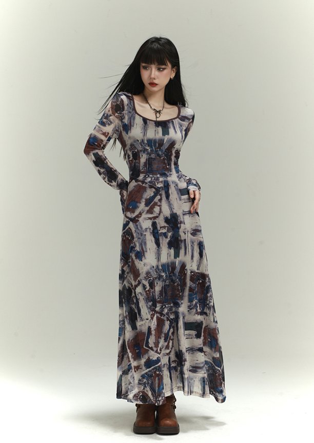 Art Design Retro Color Printed Long Dress LAD0022