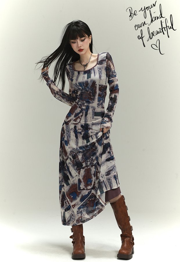 Art Design Retro Color Printed Long Dress LAD0022