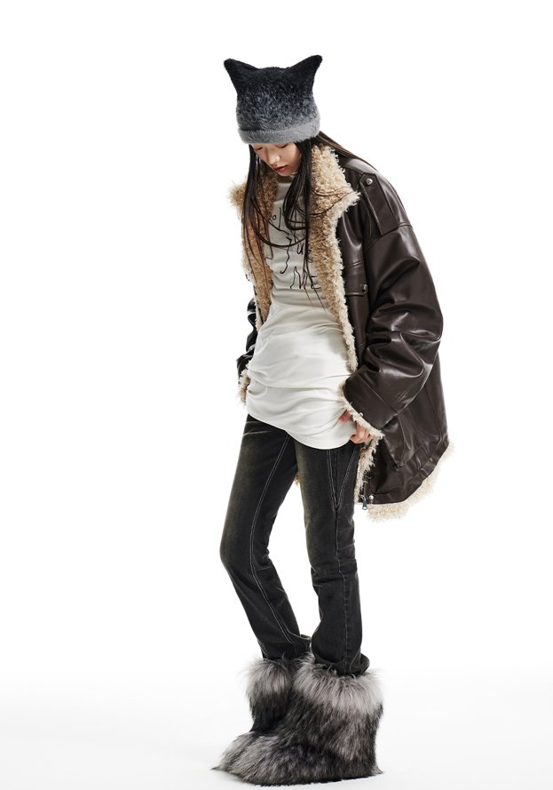 Fur and stand collar mid-length work leather jacket WES0152