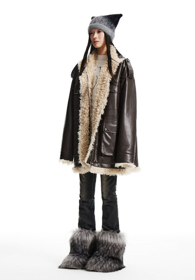Fur and stand collar mid-length work leather jacket WES0152