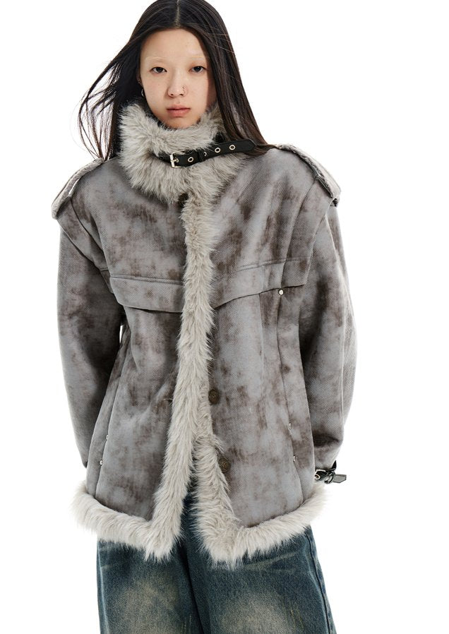 Fur and stand collar belt design work jacket WES0157