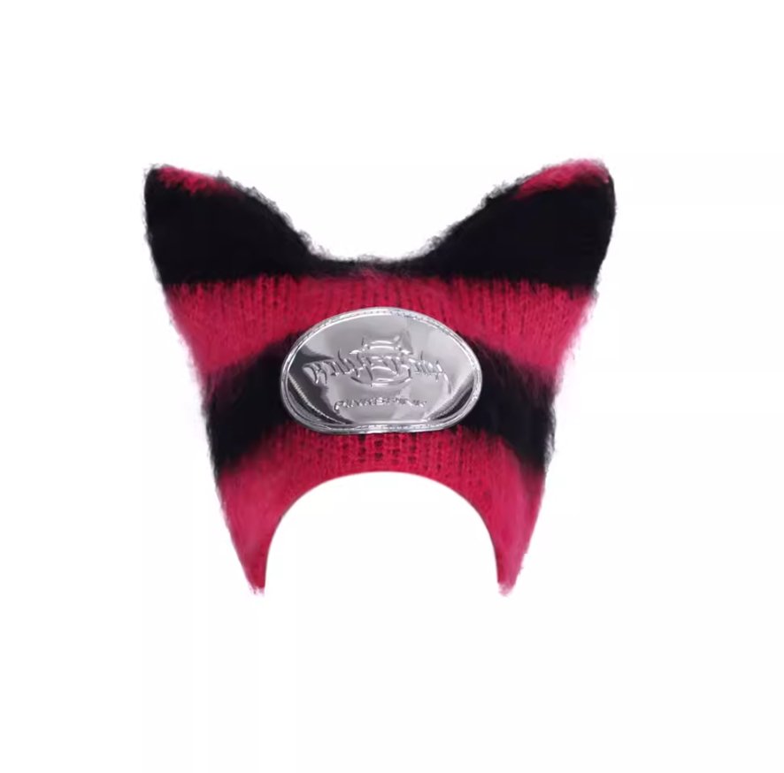 Cat ear fur hood with metal logo plate PIN0080