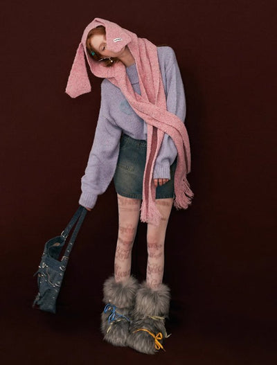 Pink knit scarf with rabbit ears hood MAM0028