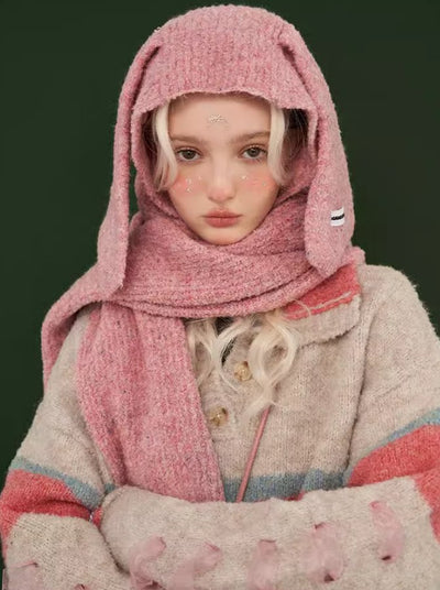 Pink knit scarf with rabbit ears hood MAM0028