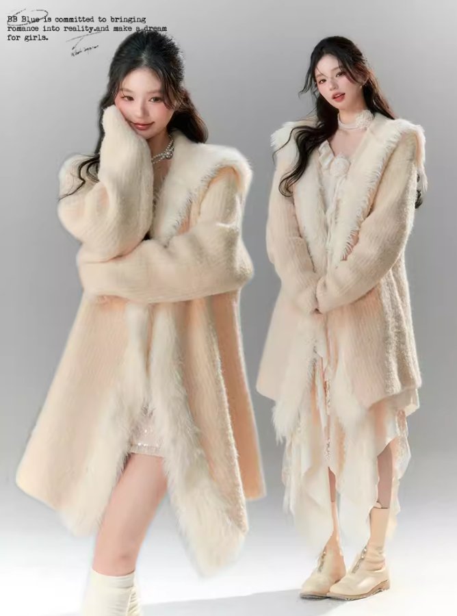 Long Fur Collar Gown Silhouette Knit Long Cardigan Coat BBB0028