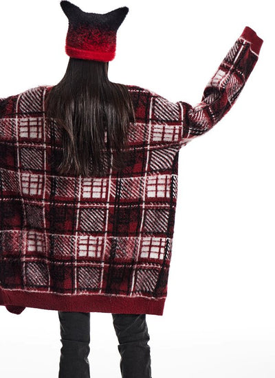 Checkered mid-length loose thick cardigan WES0181