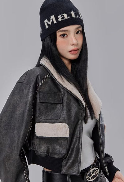 Imitation fur collar leather short jacket LAC0138