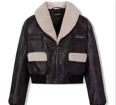 Imitation fur collar leather short jacket LAC0138
