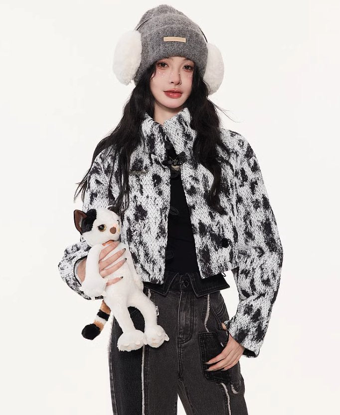 Dalmatian Color Stand Collar White Duck Down Short Jacket LAC0141