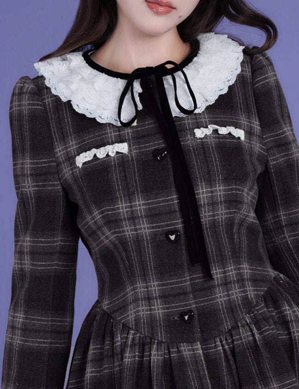 Lace Frill Collar Checkered Sweet Dress SAG0095