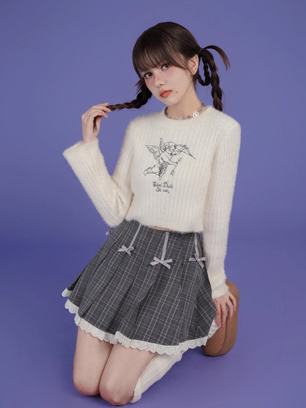 Checkered Ribbon Pleated Miniskirt with Lace Hem Design SAG0109