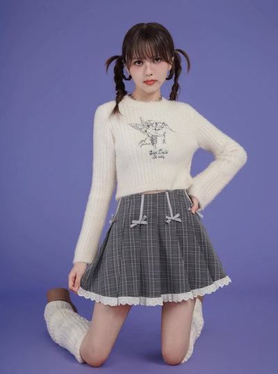 Checkered Ribbon Pleated Miniskirt with Lace Hem Design SAG0109