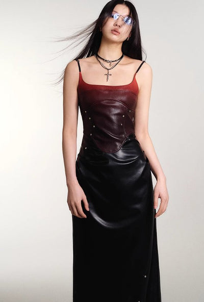 Gradient color studded design leather tight camisole dress OFA0080