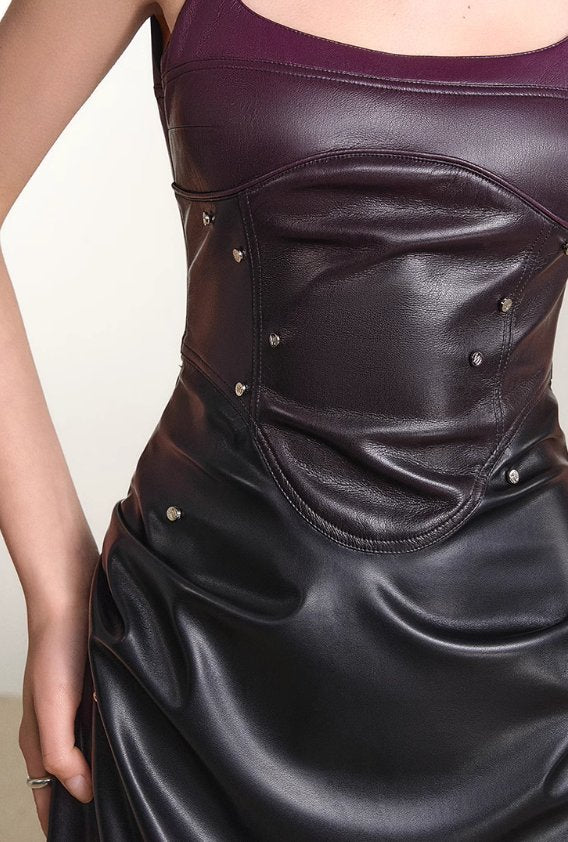 Gradient color studded design leather tight camisole dress OFA0080