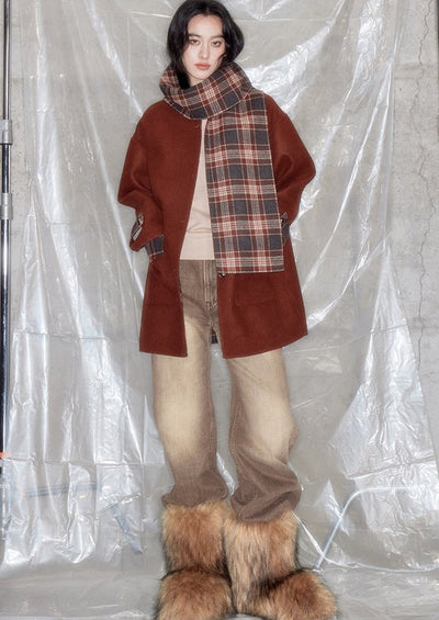 Collarless checkered wool blend reversible coat & scarf DID0059