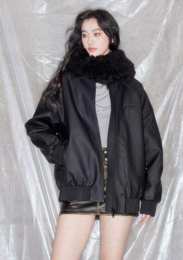 Ribbed Matte Leather Loose Jacket & Fur Scarf DID0074