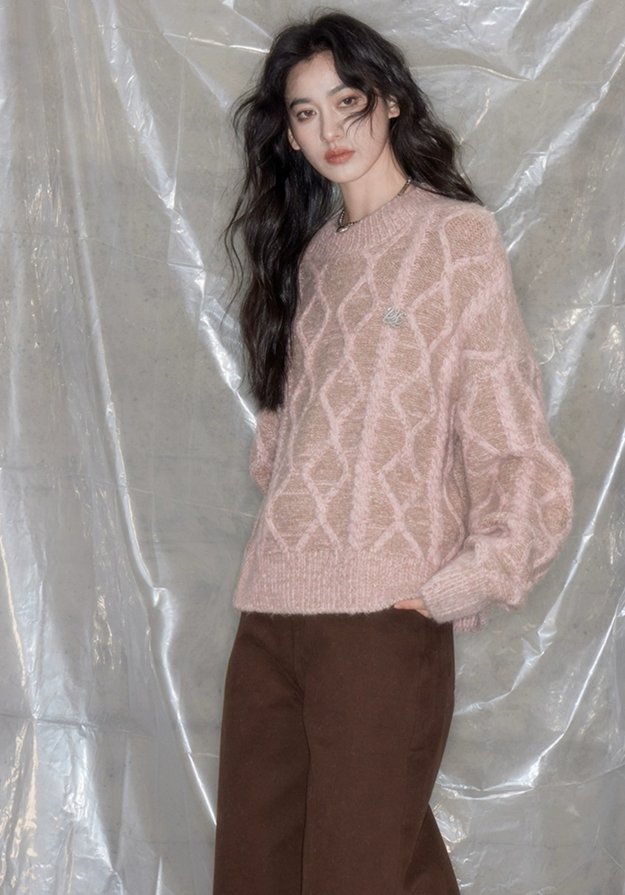Mixed Color Crew Neck Cable Knit Top DID0075
