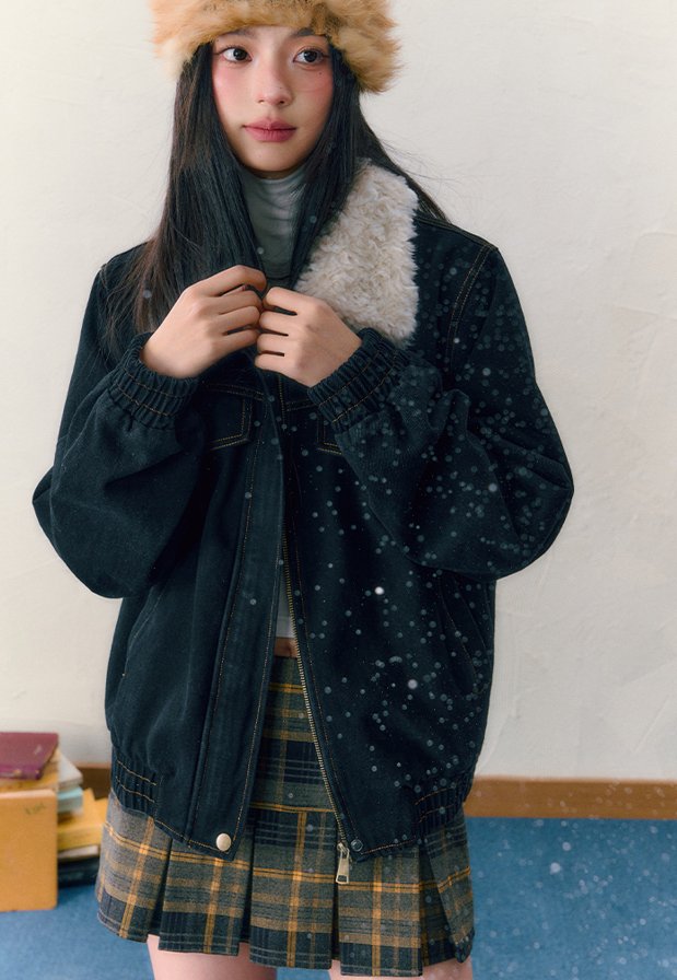 Fur Collar Loose Silhouette Denim Jacket & Plaid Pleated Miniskirt SHI0042