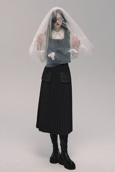 Preppy Ensemble Vest/Raw Pleated Long Skirt OAK0111