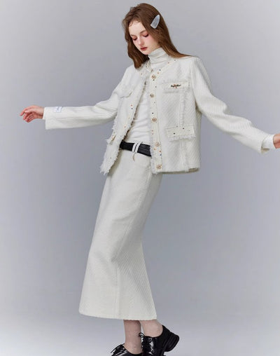 White Small Fragrance Colored Dot Tweed Jacket/Skirt FRA0081
