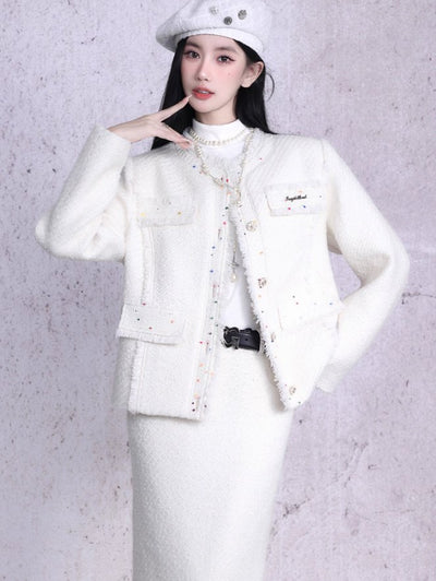 White Small Fragrance Colored Dot Tweed Jacket/Skirt FRA0081