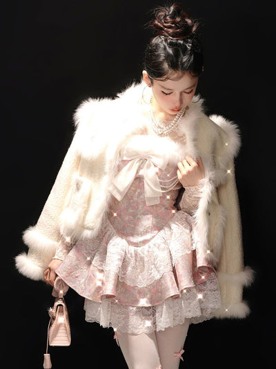 Fur Off Shoulder Pink Lace Dress & Lace Slim Inner Tops DIA0063