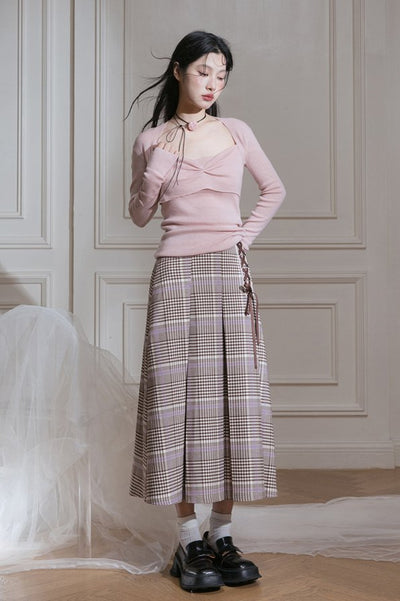 Sailor collar checkered double-zip jacket top & side ribbon long pleated skirt COT0041
