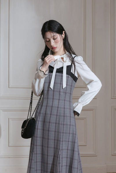 Ribbon tie frill girly blouse & checkered camisole dress COT0053