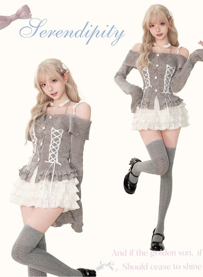 Gray Wool Sweater Top/White Skirt SER0004