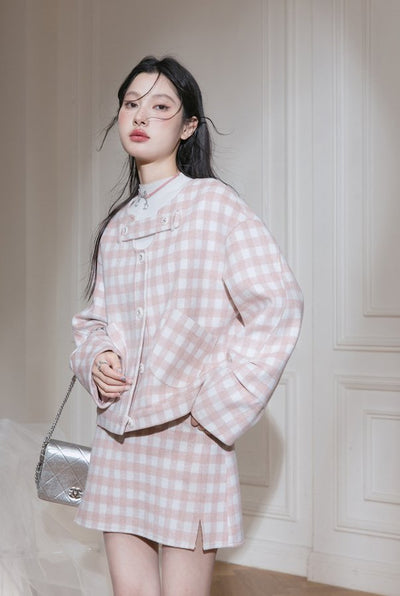 Collarless checkered spring-colored jacket & side-slit mini skirt COT0050