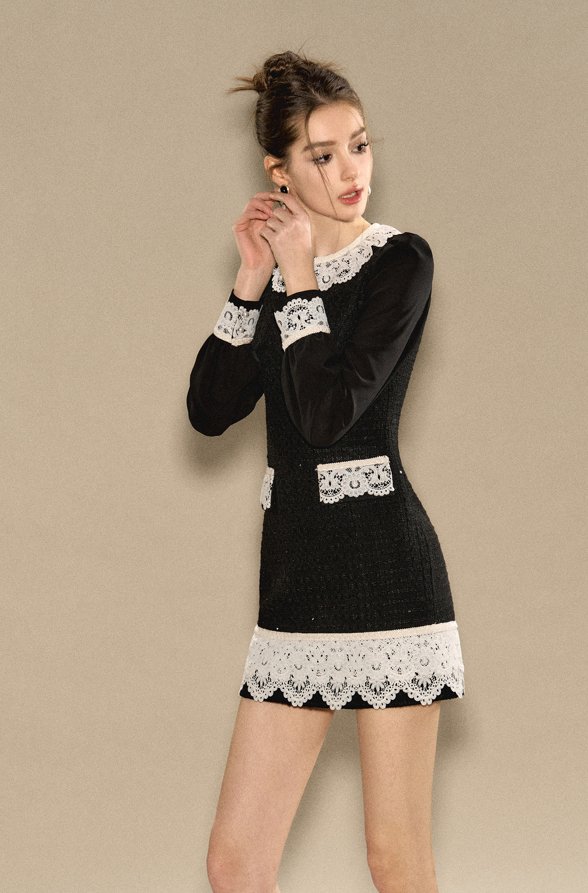 Sequined tight mini dress with delicate lace design OSH0007