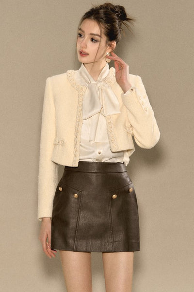 Collarless Short Elegant Jacket with Chain Decoration Design OSH0009